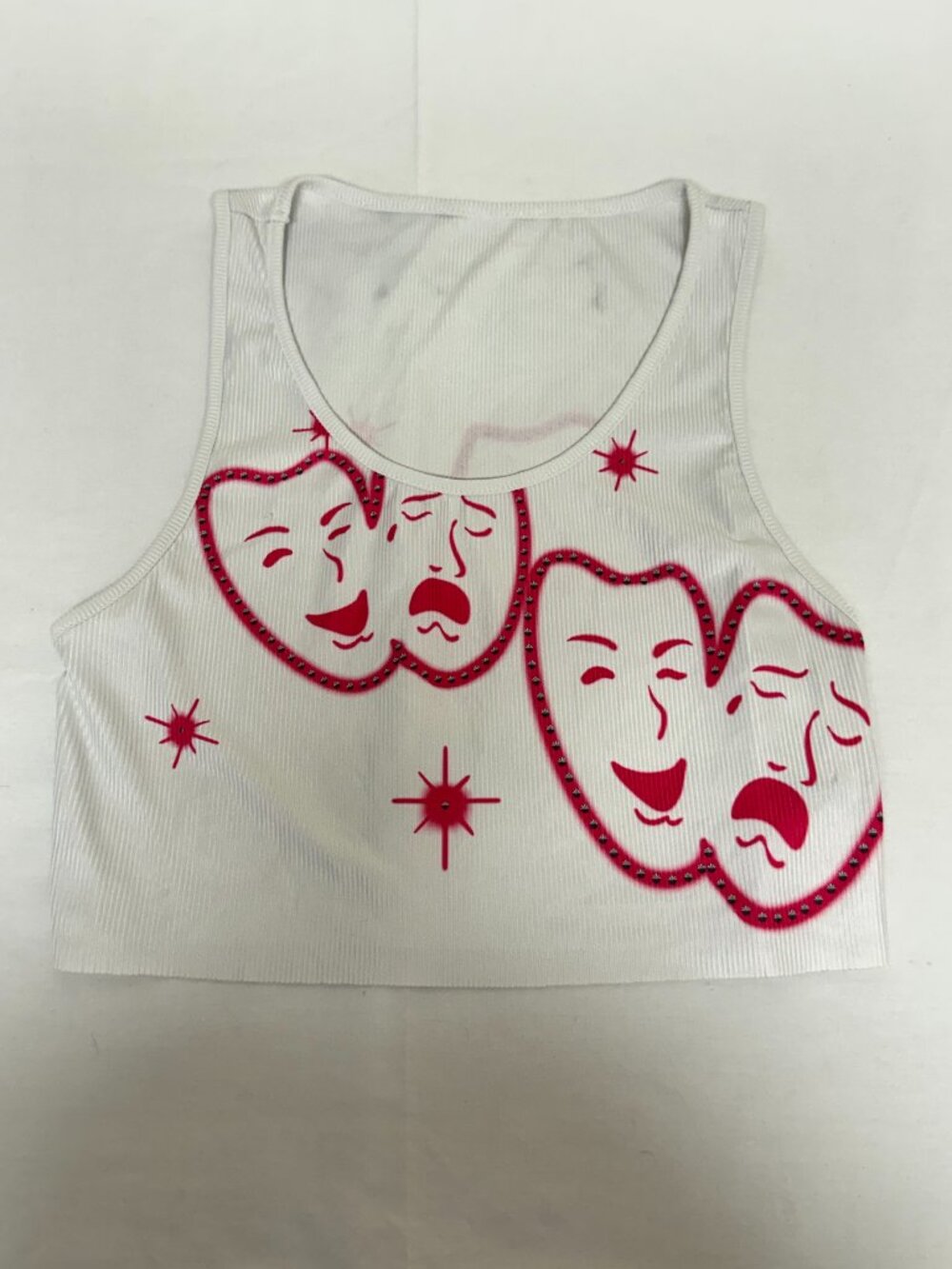 Blush Mark Womens Medium White Ribbed Crop Tank Theater Masks Graphic Rhinestone